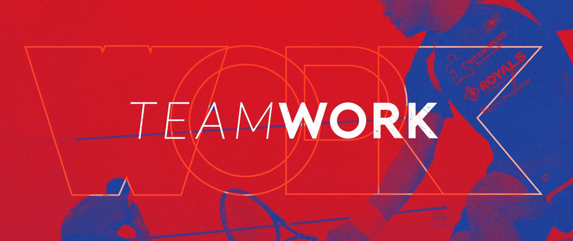 Modern teamwork concept design with bold typography on red and blue geometric background for business collaboration